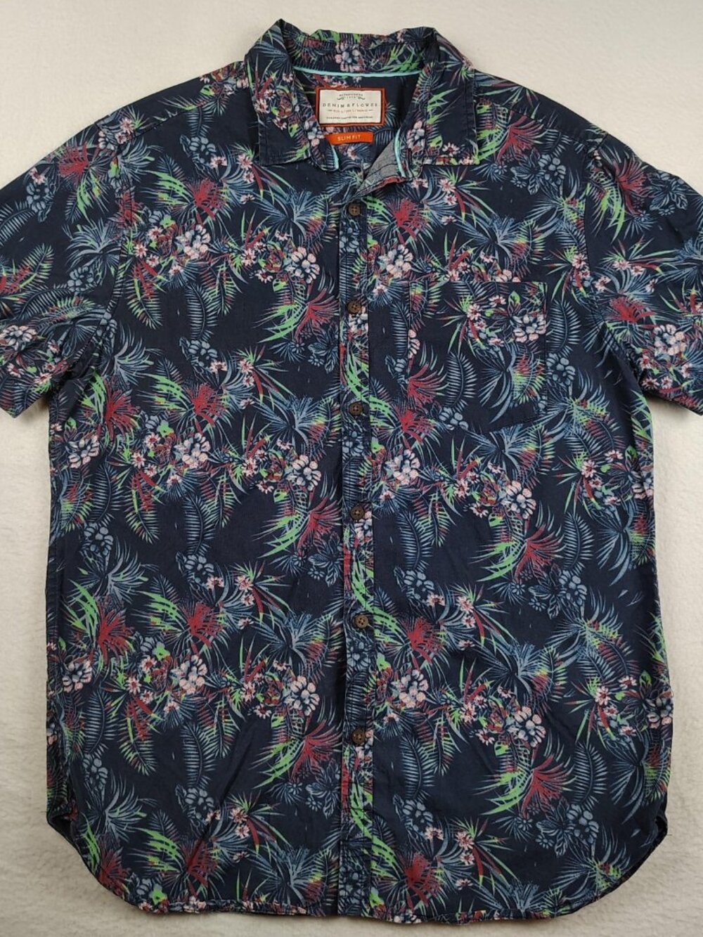 Denim & Flower Slim Fit Hawaiian Floral Shirt Mens sz L